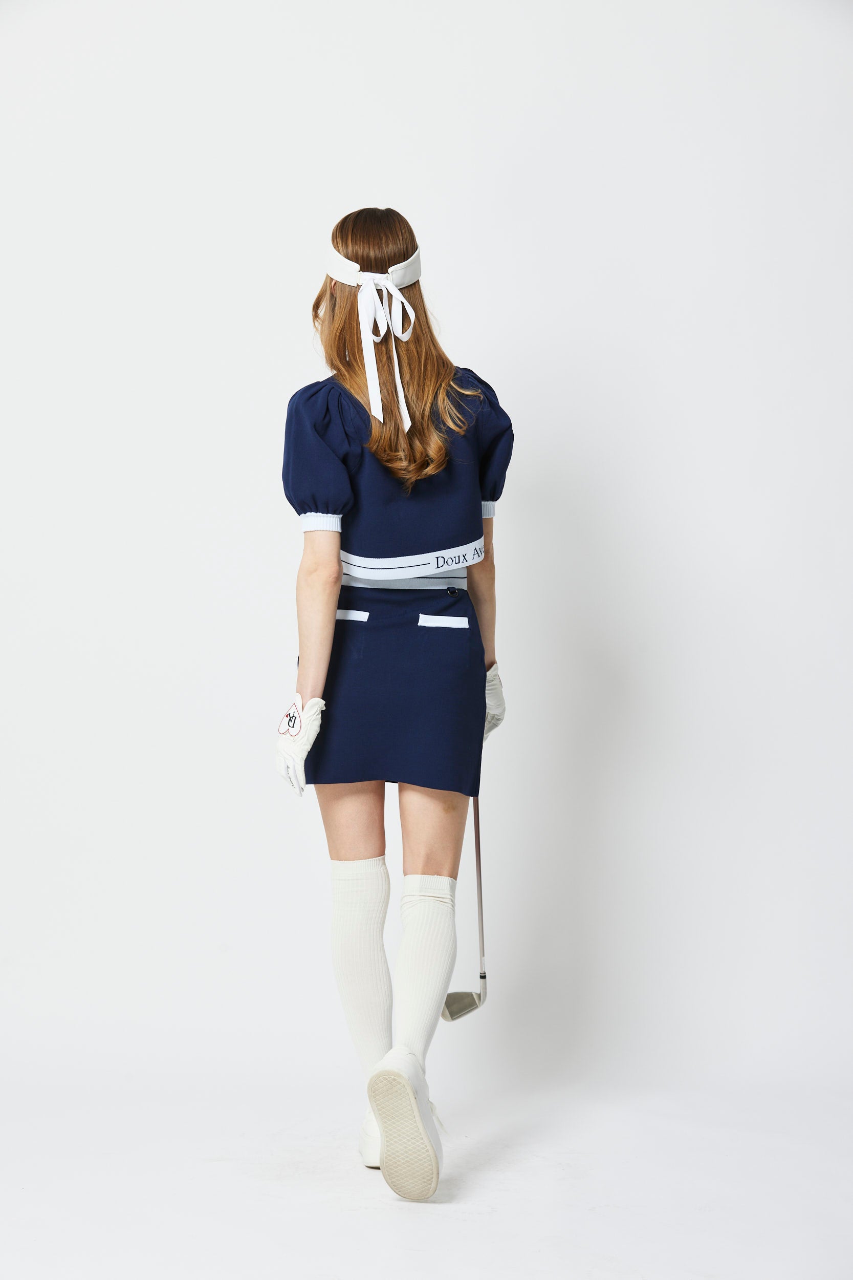 ドゥ アヴニール Doux Avenir 半袖パフスリーブクロップド丈 ニットトップス （ネイビー） ネイビー