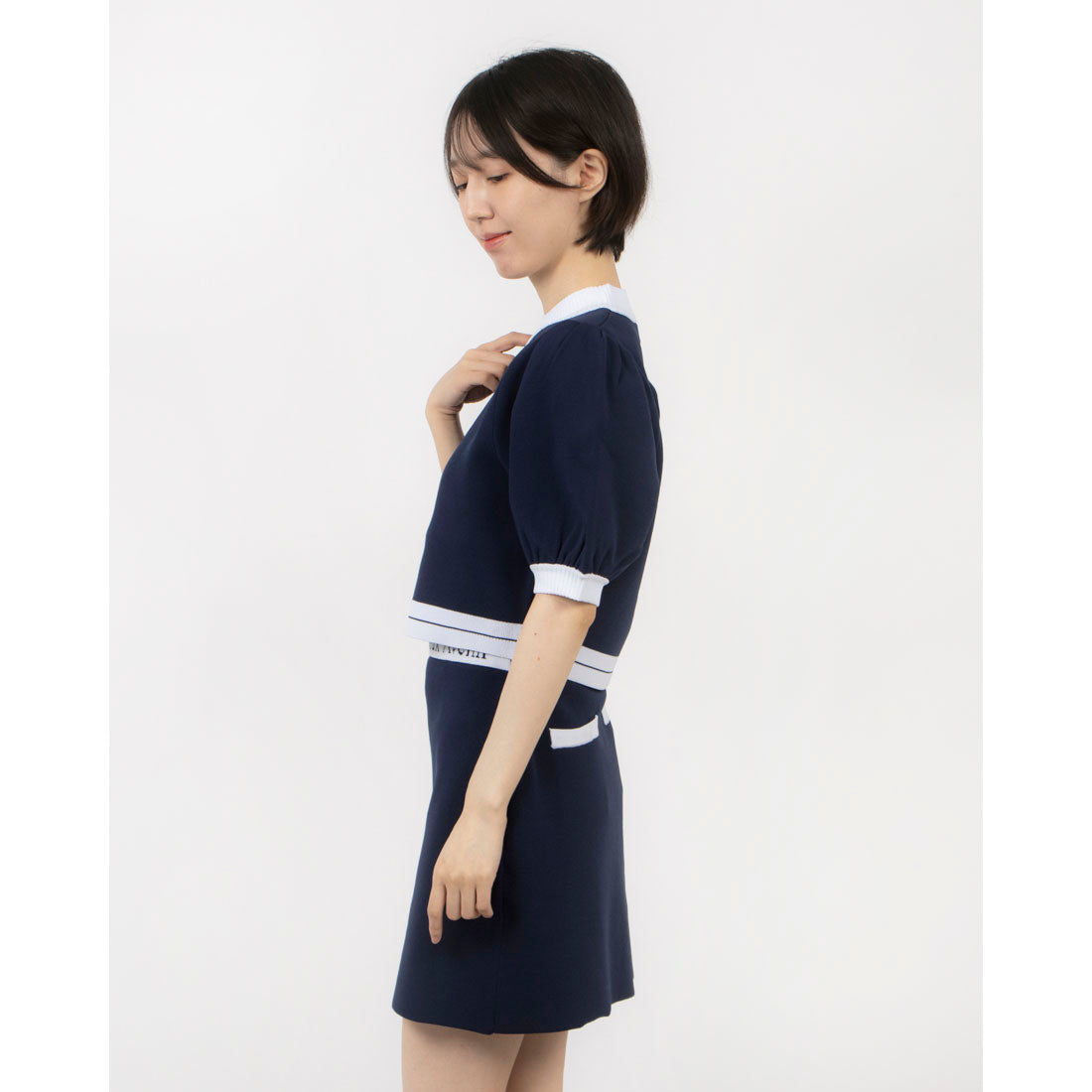 ドゥ アヴニール Doux Avenir 半袖パフスリーブクロップド丈 ニットトップス （ネイビー） ネイビー