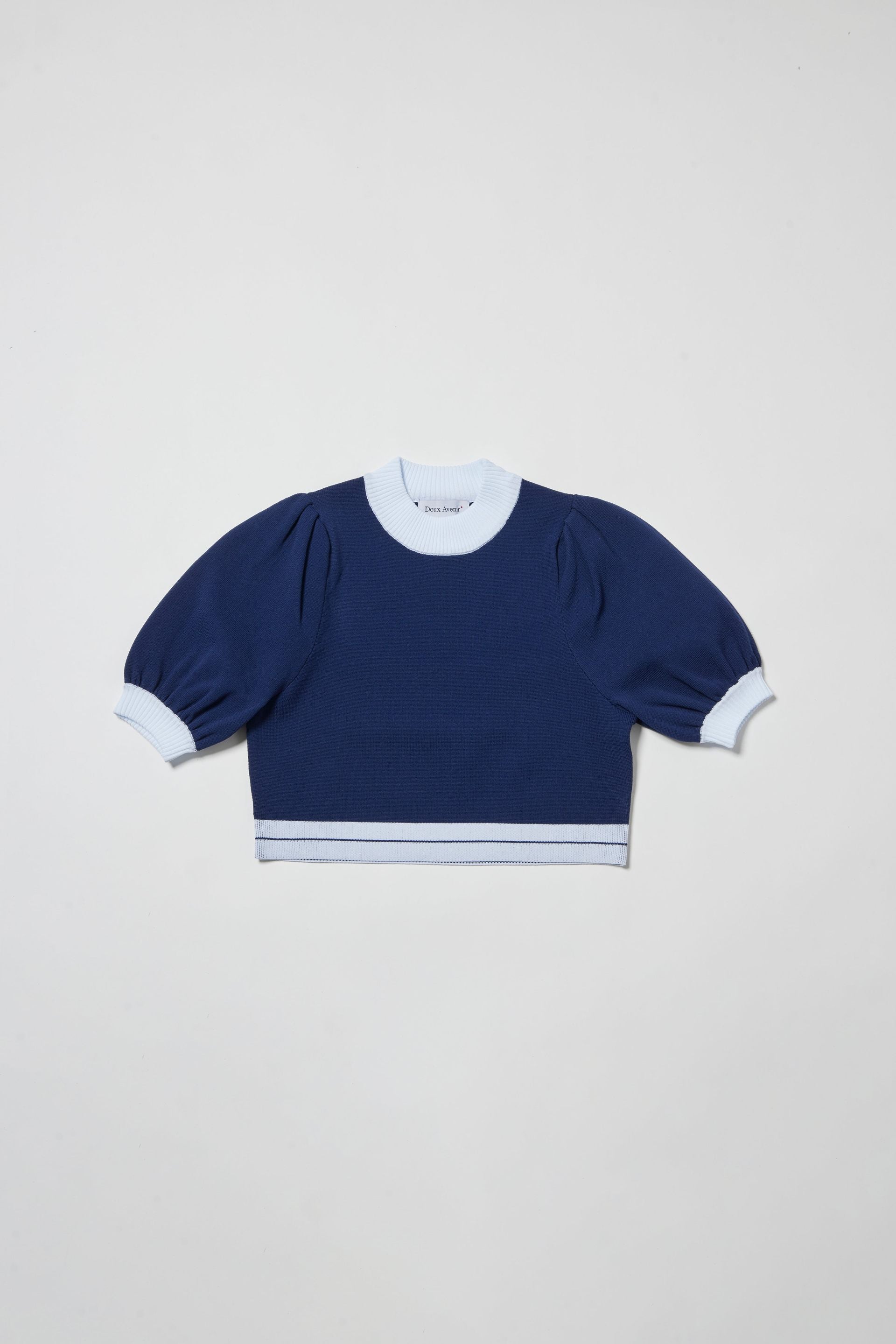 ドゥ アヴニール Doux Avenir 半袖パフスリーブクロップド丈 ニットトップス （ネイビー） ネイビー