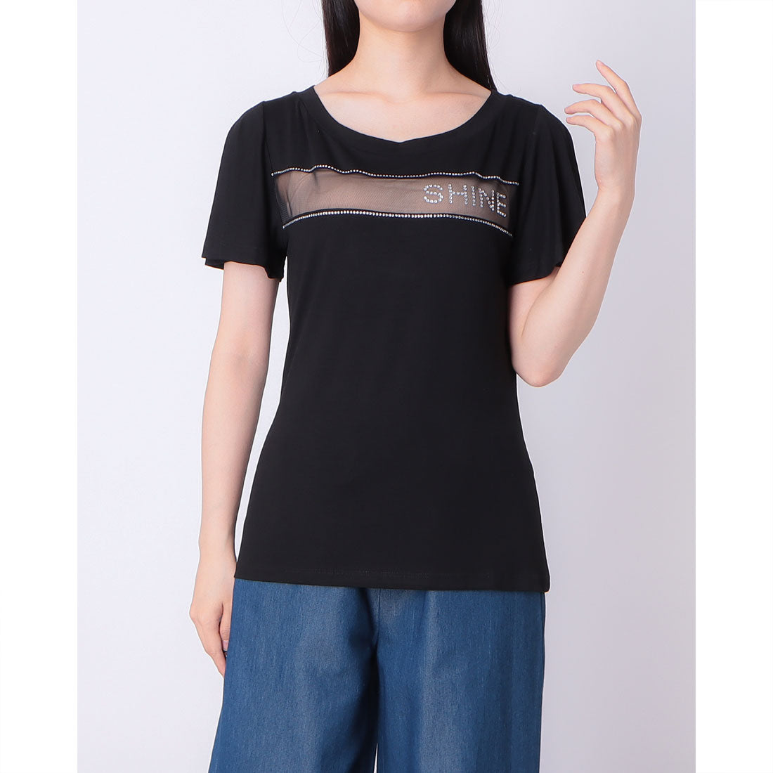 デニーローズ DENNY ROSE オーガンジー切替ビジューポイントTシャツ （BLACK） BLACK