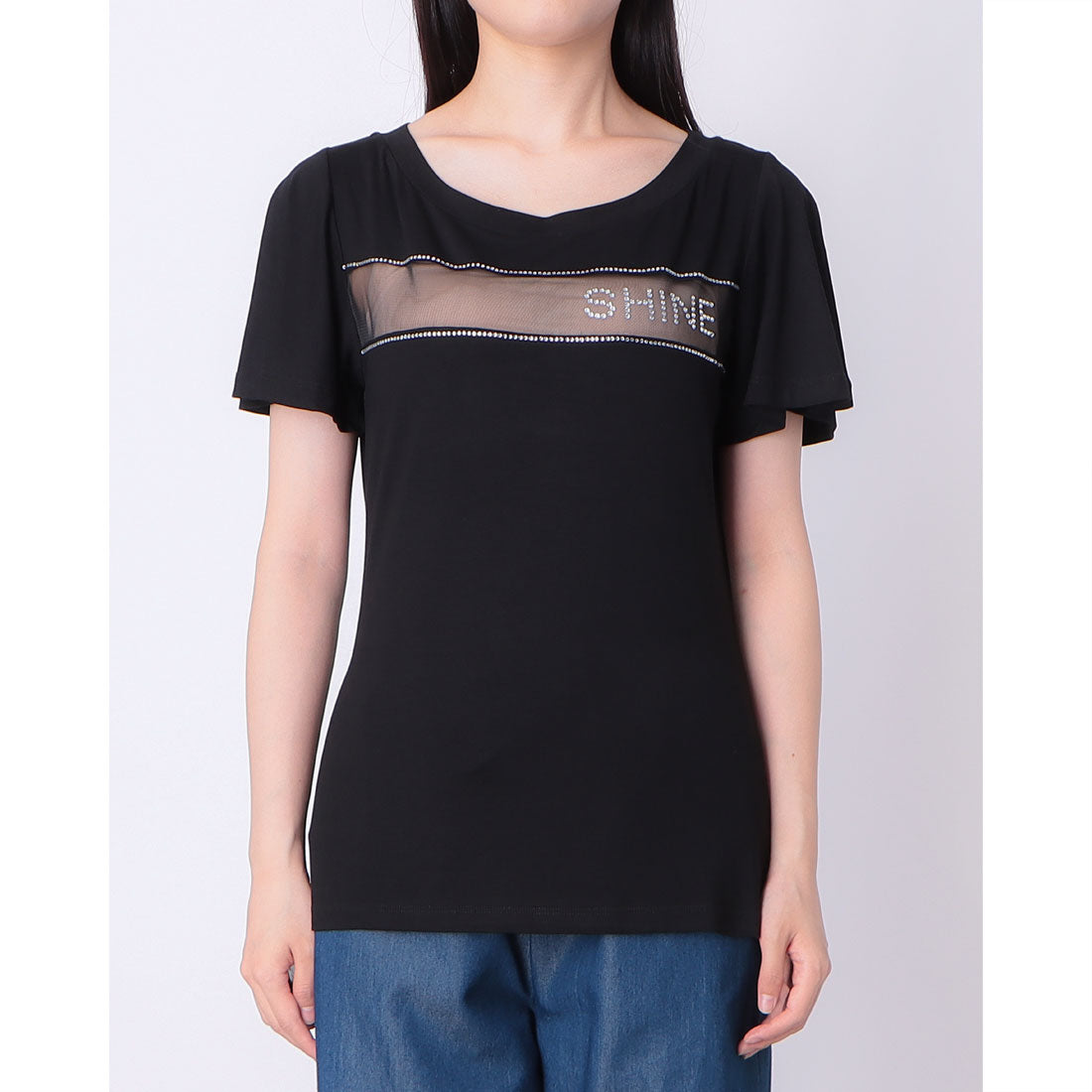 デニーローズ DENNY ROSE オーガンジー切替ビジューポイントTシャツ （BLACK） BLACK