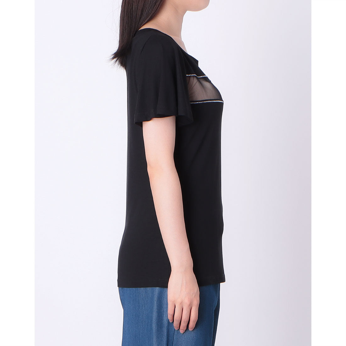 デニーローズ DENNY ROSE オーガンジー切替ビジューポイントTシャツ （BLACK） BLACK