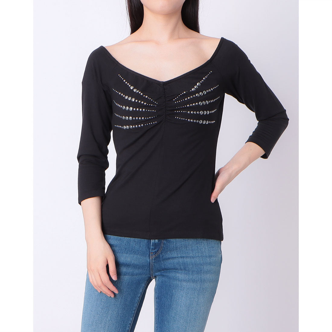 デニーローズ DENNY ROSE スタッズポイントポートレート七分袖TOPS （BLACK） BLACK