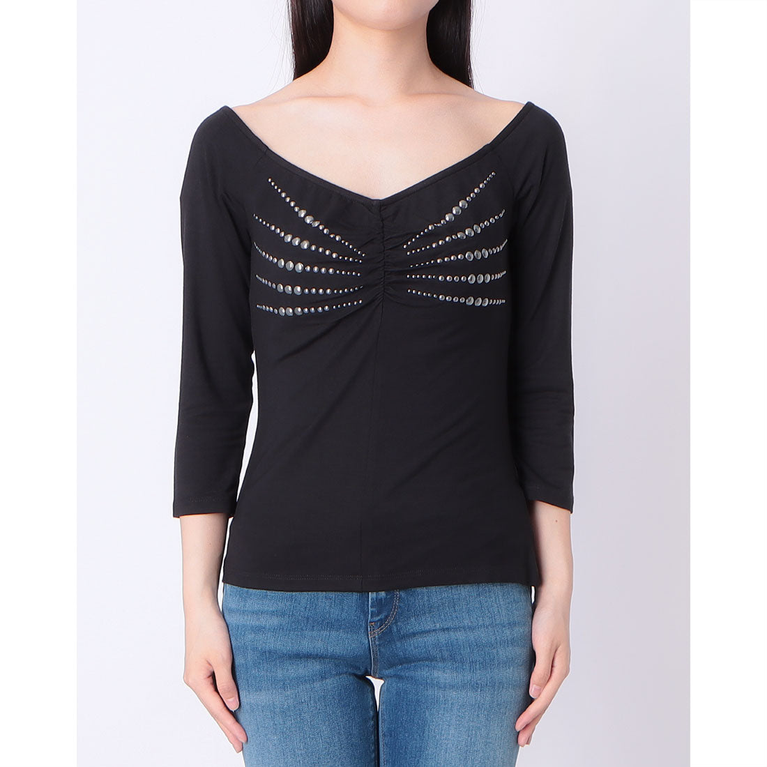 デニーローズ DENNY ROSE スタッズポイントポートレート七分袖TOPS （BLACK） BLACK