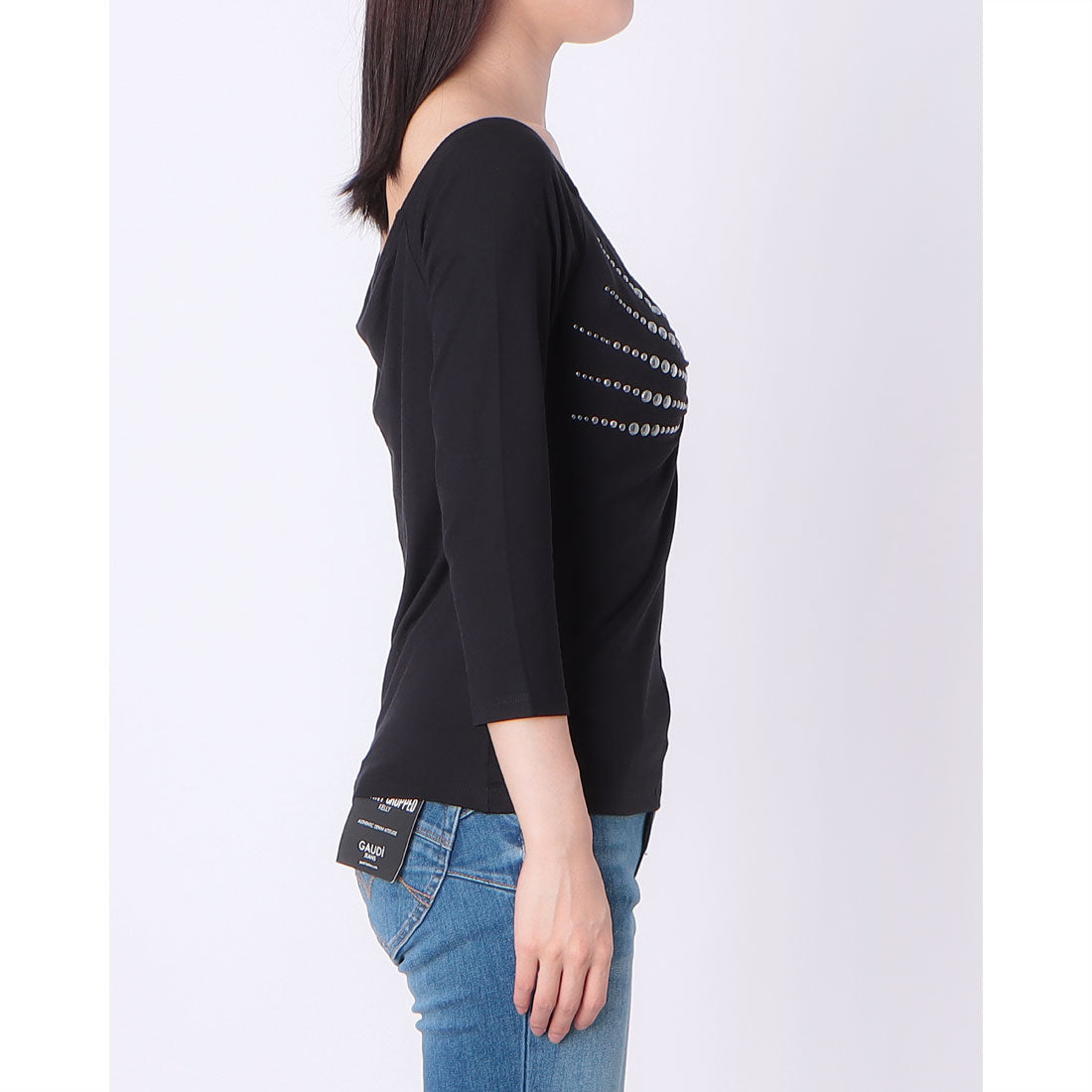 デニーローズ DENNY ROSE スタッズポイントポートレート七分袖TOPS （BLACK） BLACK