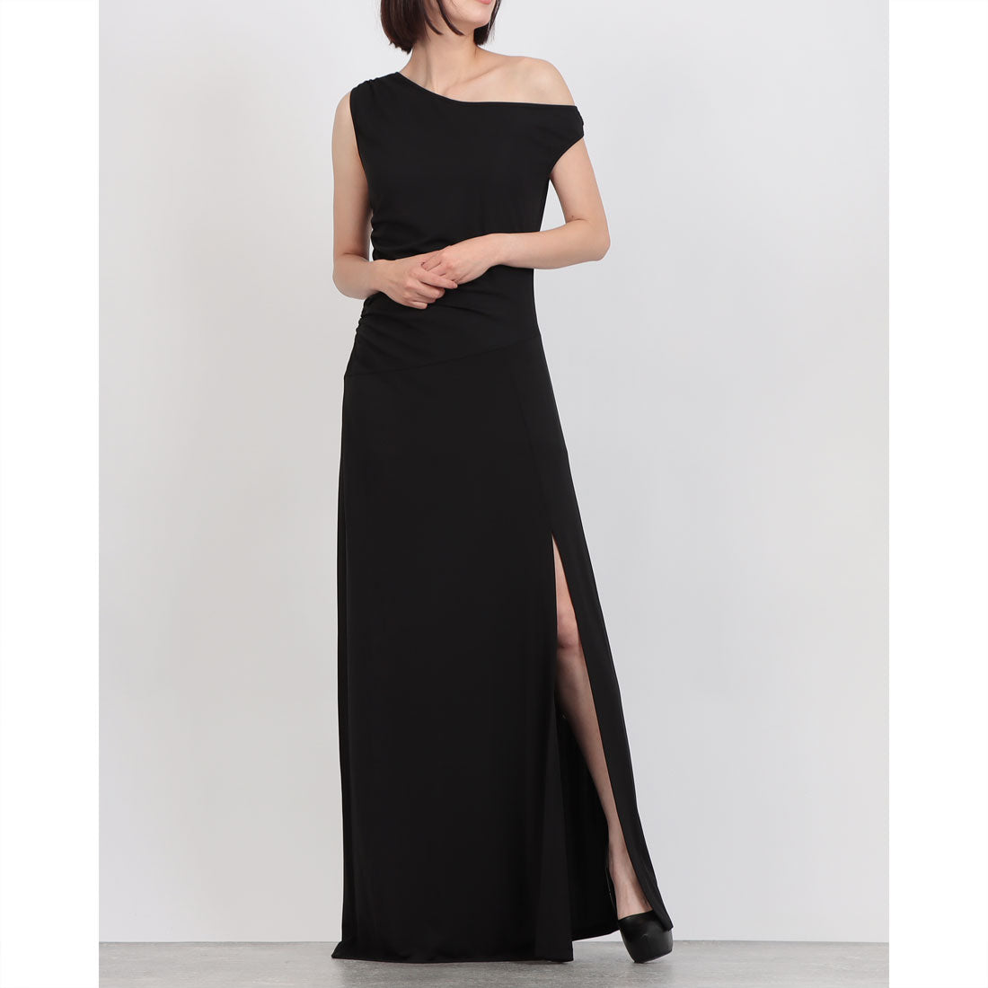 デニーローズ DENNY ROSE アシメショルダーストレッチジャージーロングドレス （BLACK） BLACK