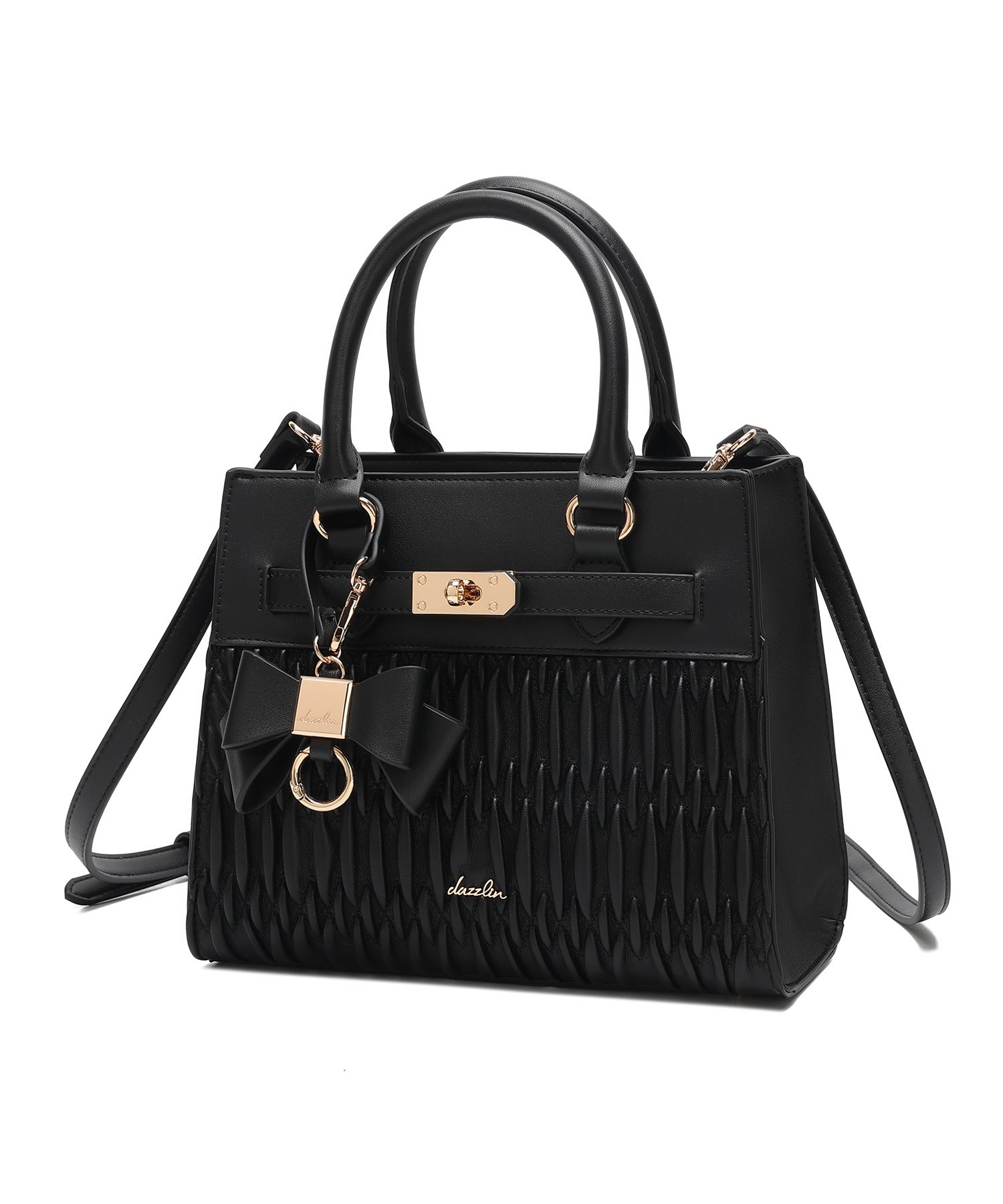 ダズリン dazzlin 【dazzlin/ダズリン】リボンキーチャーム付 ギャザーシャーリング ハンドバッグ ショルダーストラップ付 （BLK76） BLK76