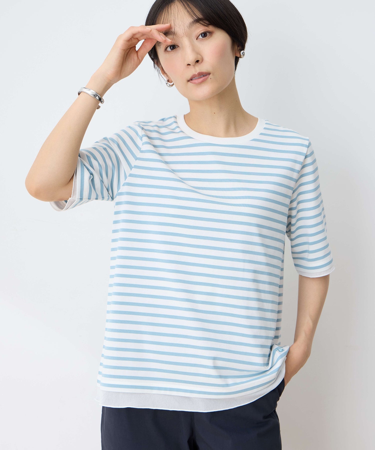 デコイ DECOY 部分シアーボーダーTシャツ （サックス） サックス