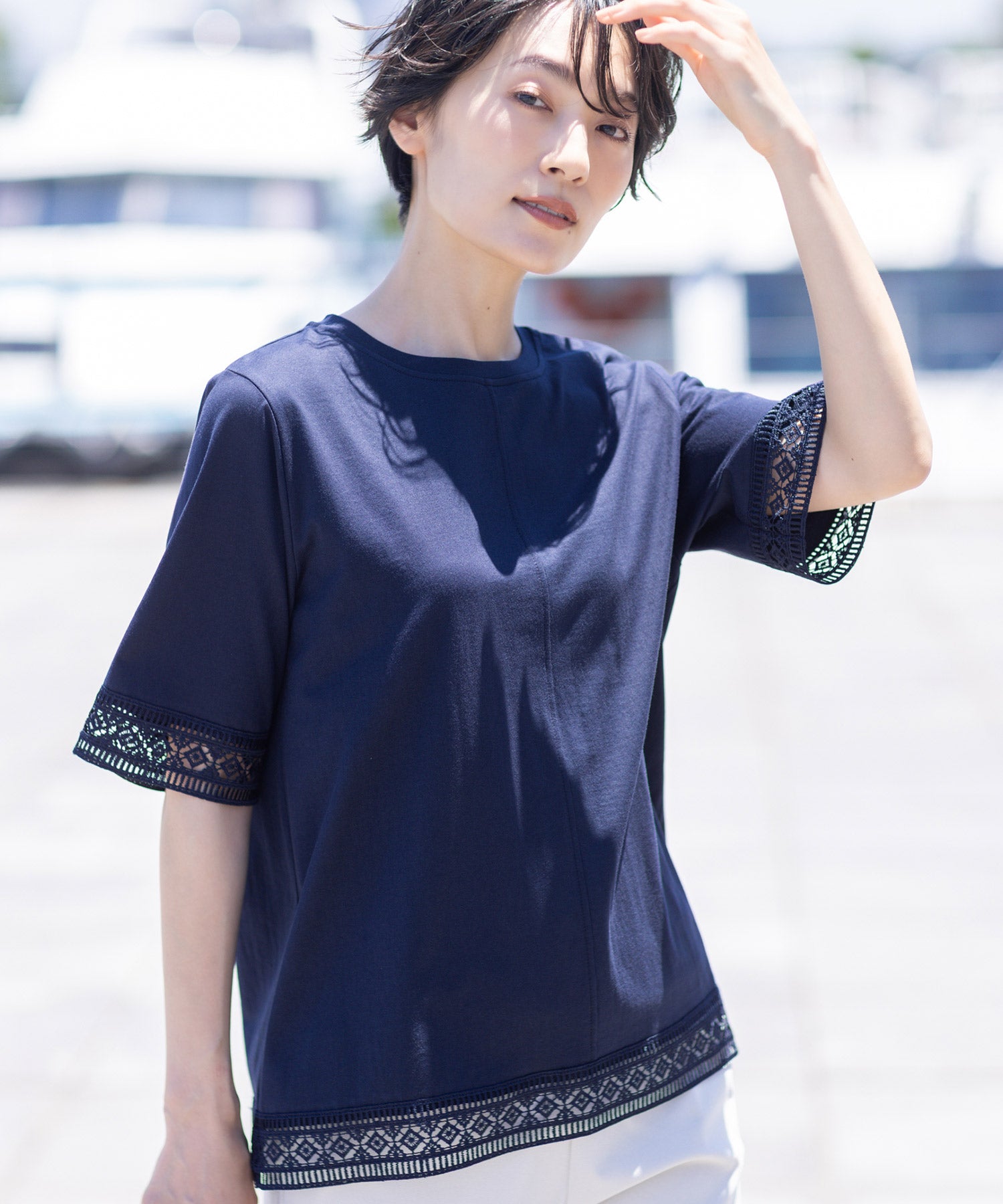 デコイ DECOY 【冷感】【UVカット】ひやさらコットンプレミアムレースTシャツ （ネイビー） ネイビー