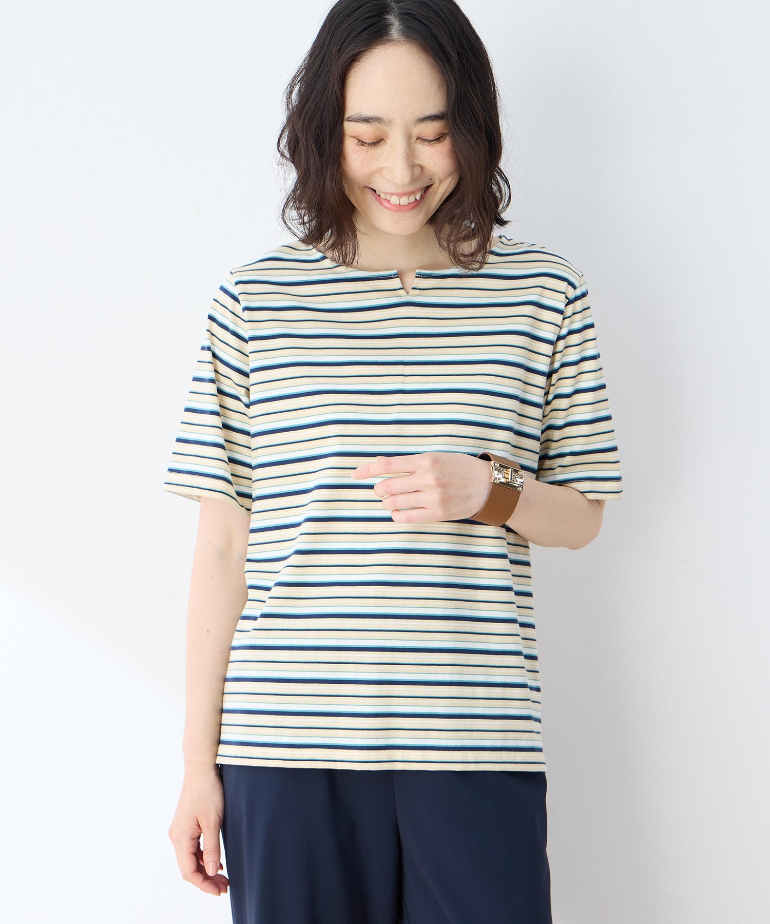 デコイ DECOY 【冷感】【UVカット】ひやさらコットンプレミアムマルチボーダーTシャツ （グリーン） グリーン