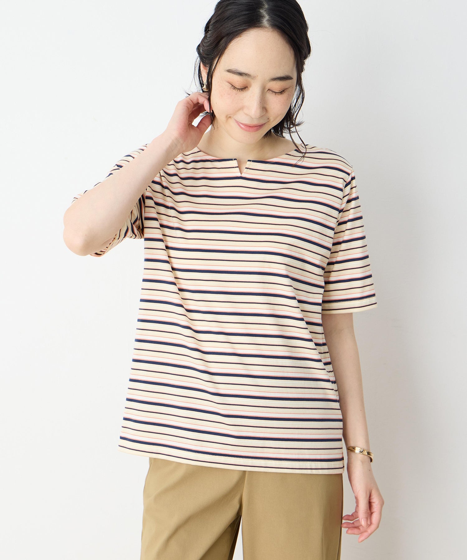 デコイ DECOY 【冷感】【UVカット】ひやさらコットンプレミアムマルチボーダーTシャツ （オレンジ） オレンジ