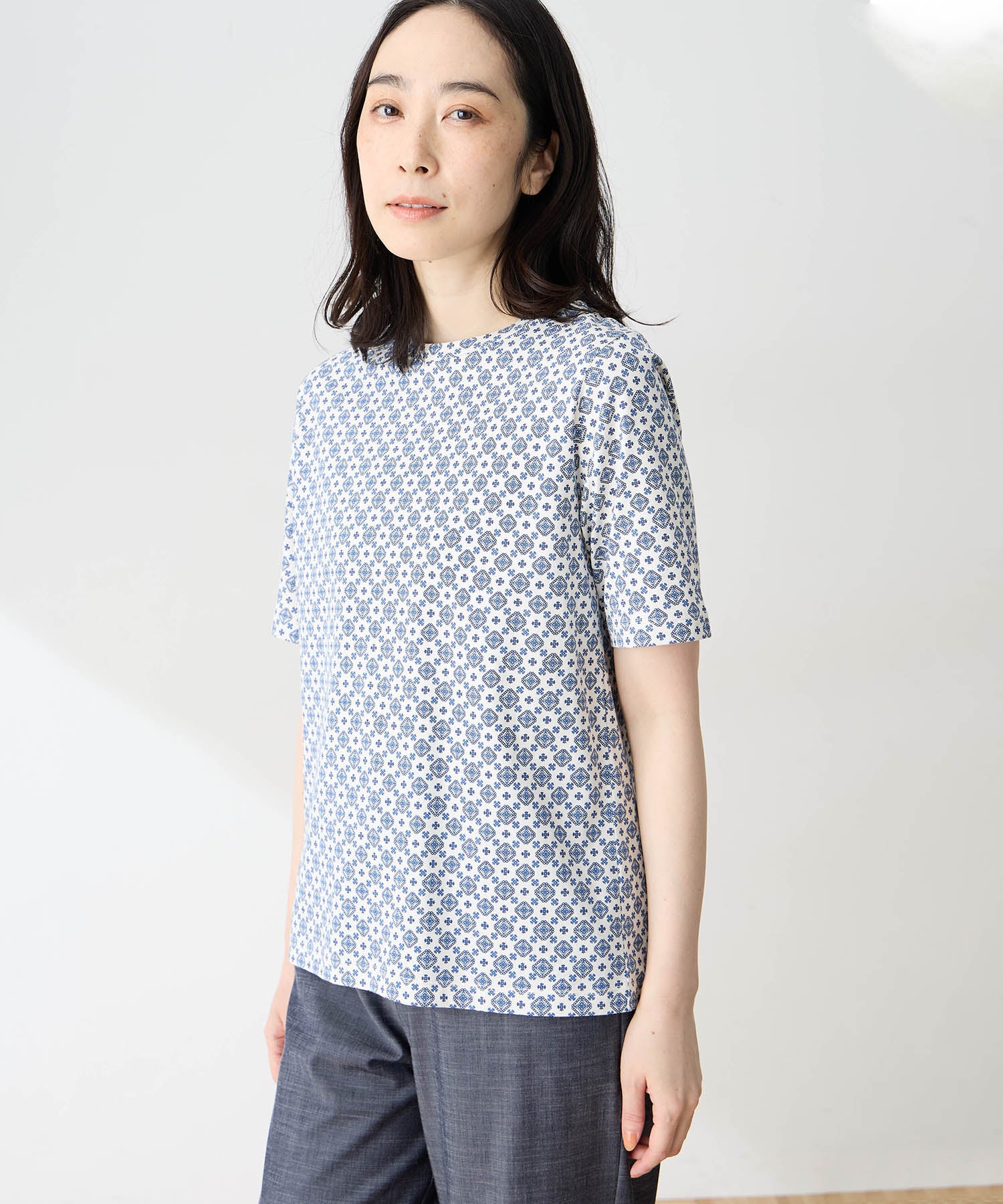 デコイ DECOY 【ひやさらコットン】小紋柄プリントTシャツ【綿100％・接触冷感・UVカット】 （グリーン） グリーン