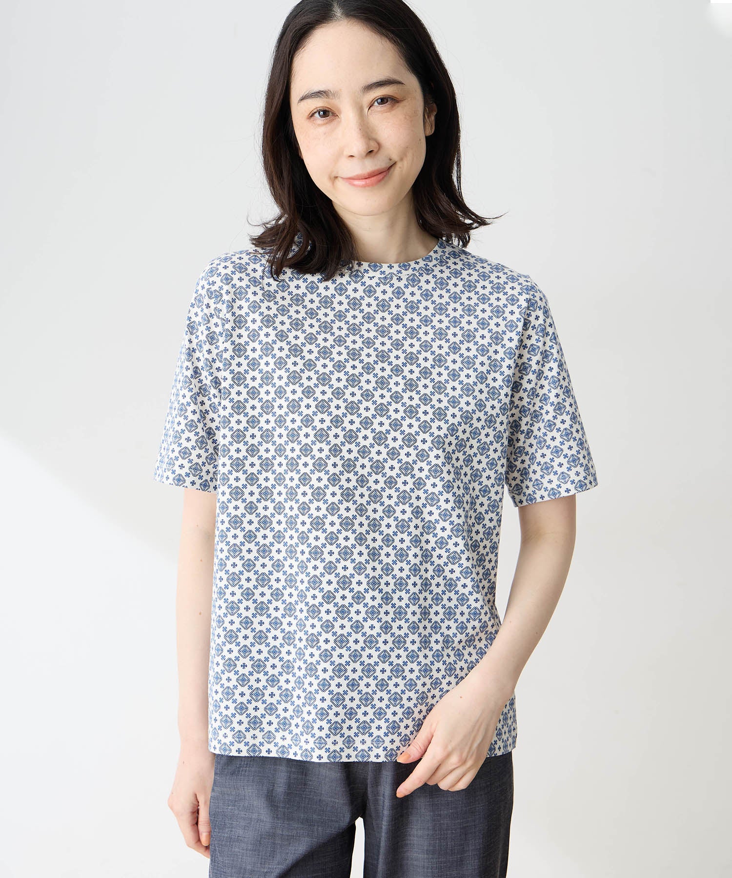 デコイ DECOY 【ひやさらコットン】小紋柄プリントTシャツ【綿100％・接触冷感・UVカット】 （グリーン） グリーン
