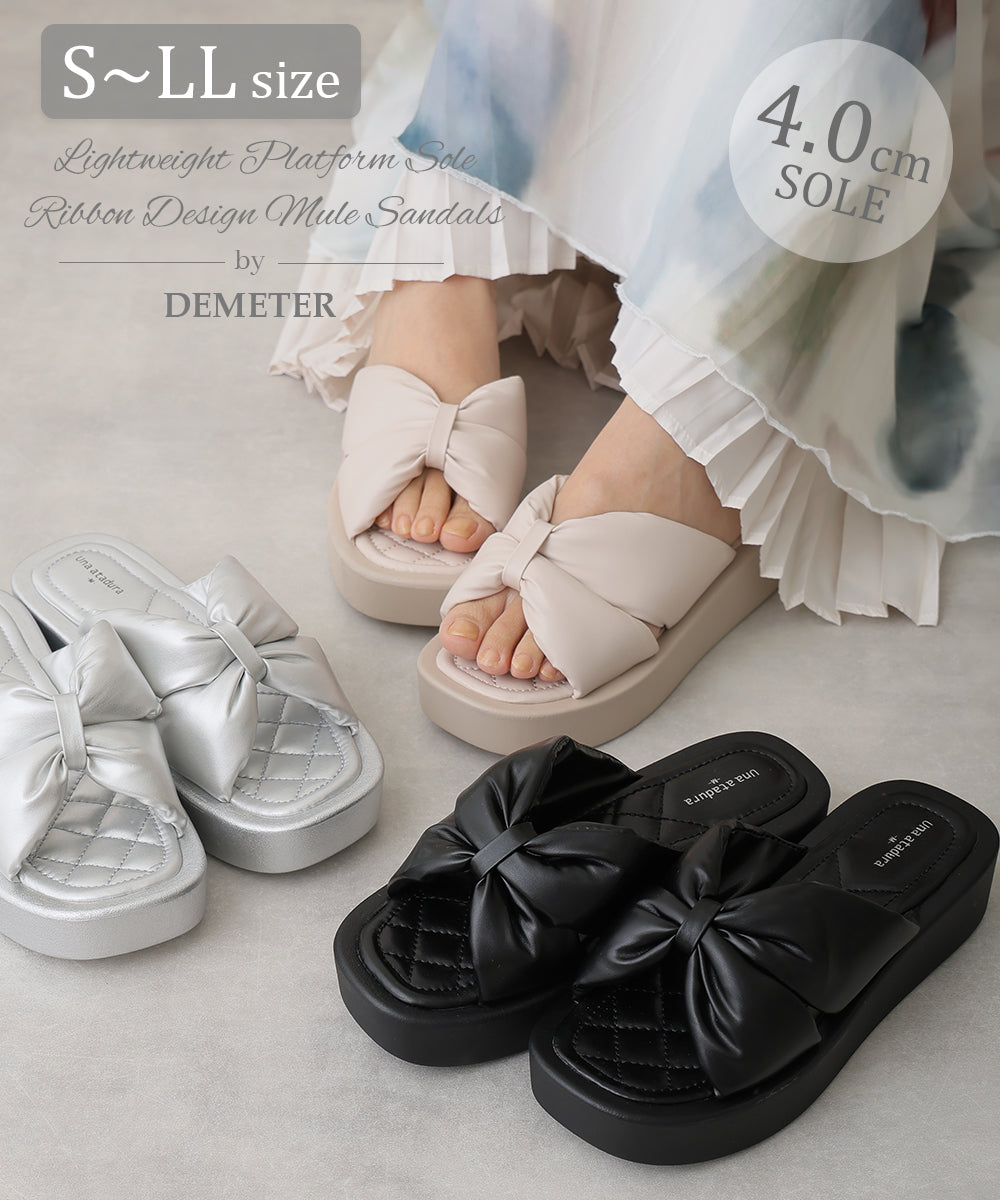 デメテル DEMETER 厚底 スクエアトゥ リボンデザイン パテッドサンダル （アイボリー） アイボリー