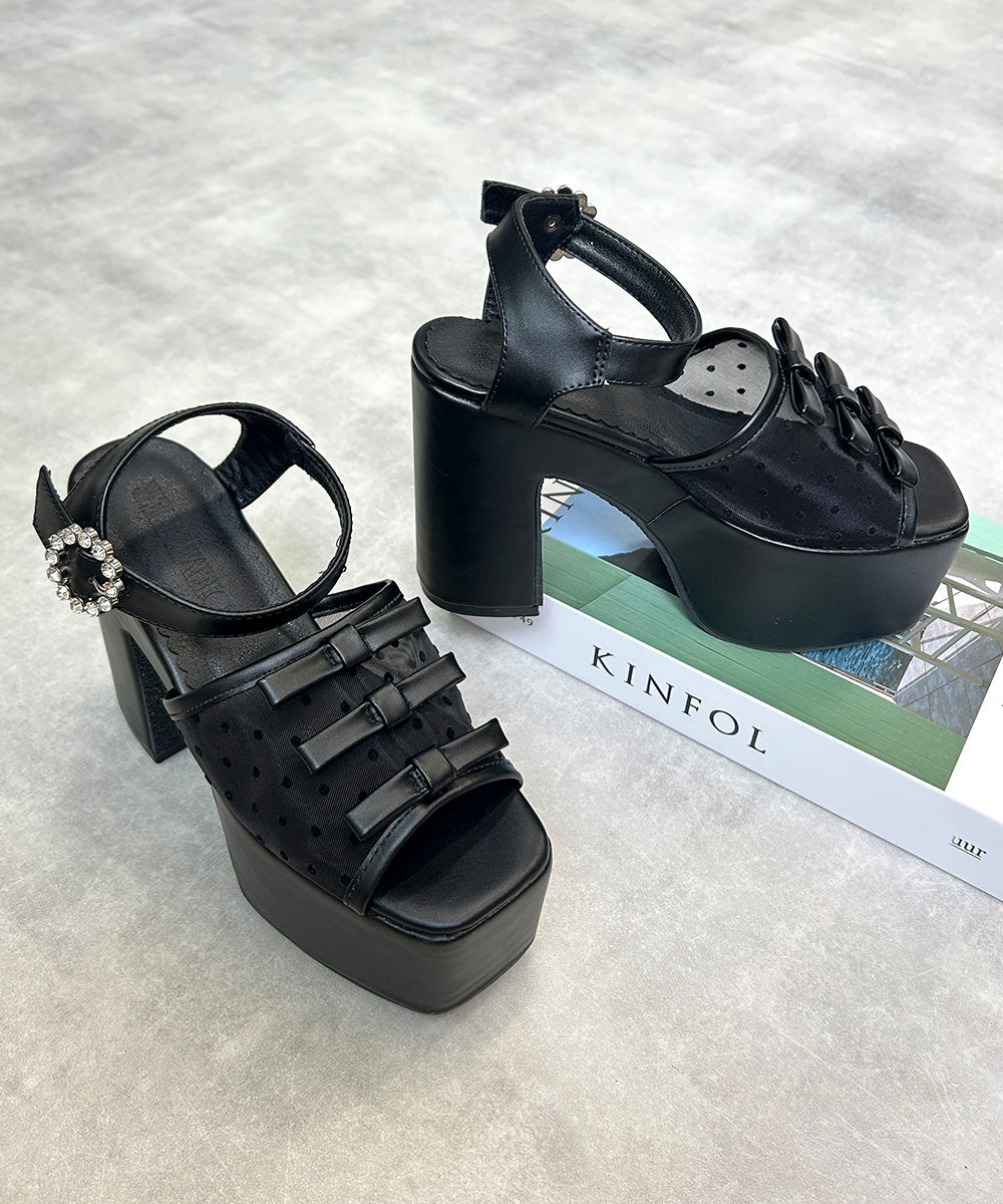 デメテル DEMETER 厚底 プラットフォーム ドットチュール 三連リボン ビジュー付きサンダル （ブラック） ブラック