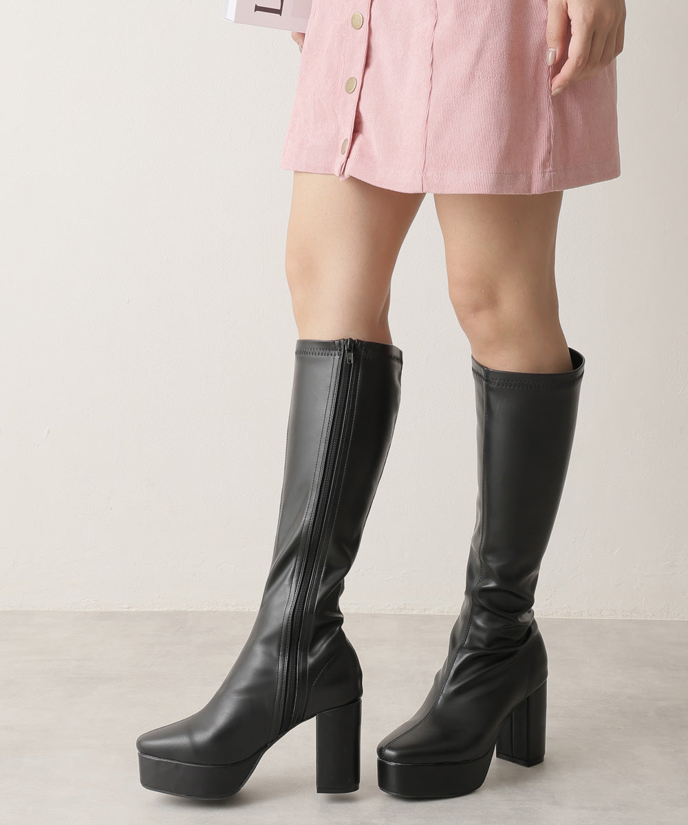 デメテル DEMETER 厚底太ヒール☆ストレッチロングブーツ （ブラックスムース） ブラックスムース