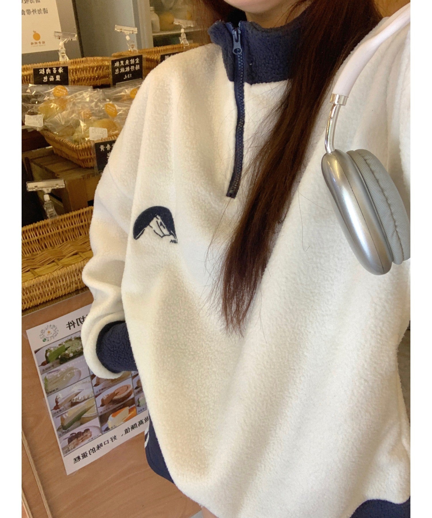 デバイス DEVICE ワンポイント刺繍 配色 防寒 フリース  ハーフジップ ビッグシルエット オーバーサイズ トラックジャケット スウェット （ホワイト） WH
