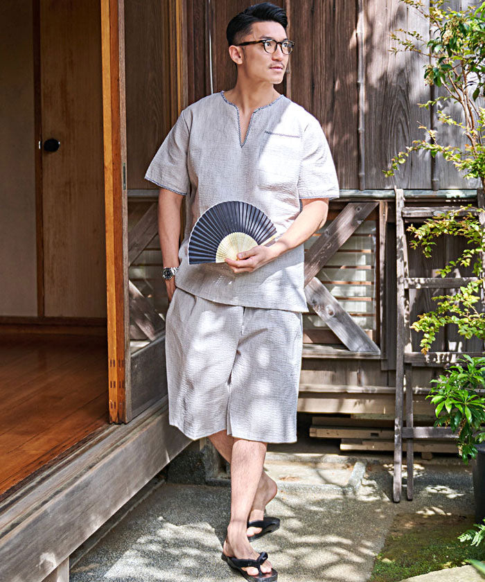 ディータ Dita Dita オーガニック甚平 キーネック＆Vネックヘンリー 夏 祭り,3.白茶色(キーネック)