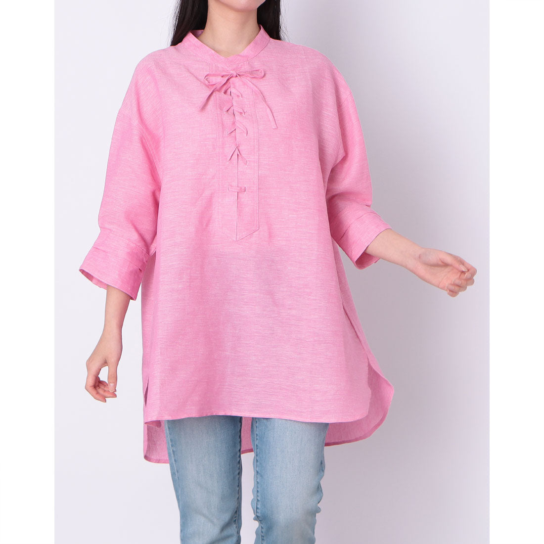 ドゥ アルシーヴ DOUX ARCHIVES 麻混スラブレースアップブラウス （PINK） PINK