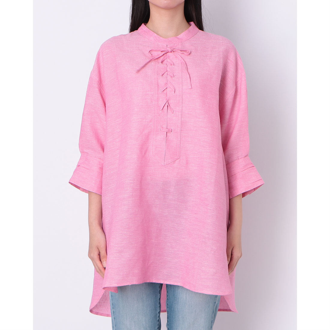 ドゥ アルシーヴ DOUX ARCHIVES 麻混スラブレースアップブラウス （PINK） PINK