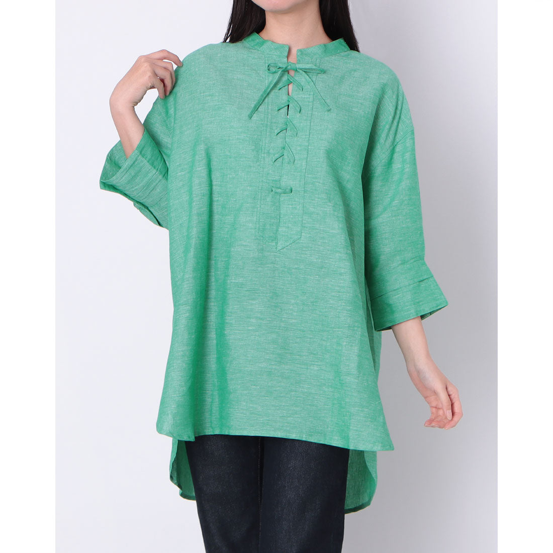ドゥ アルシーヴ DOUX ARCHIVES 麻混スラブレースアップブラウス （GREEN） GREEN