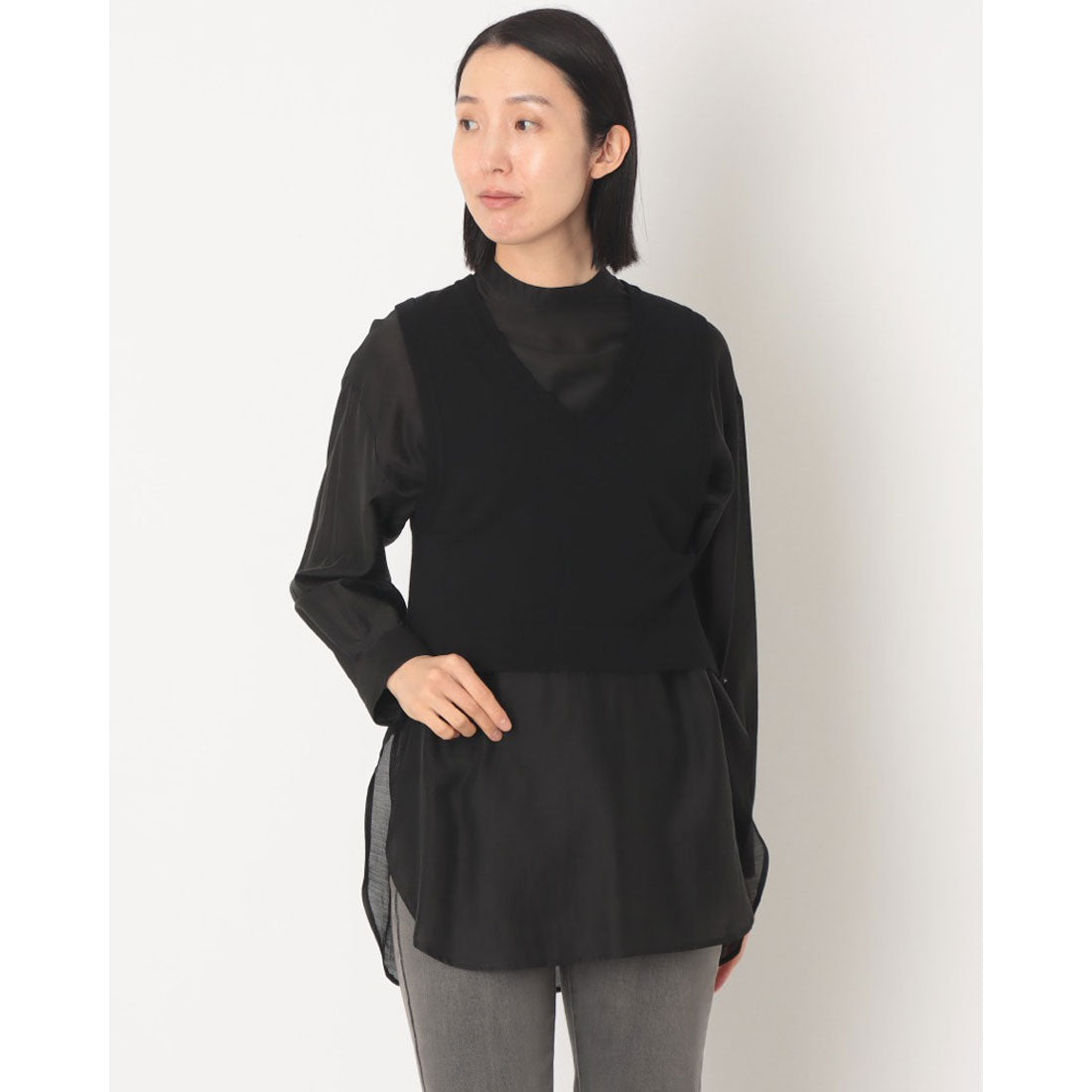 ドゥ アルシーヴ DOUX ARCHIVES シャツ＋ベストレイヤードトップス （BLK） BLK