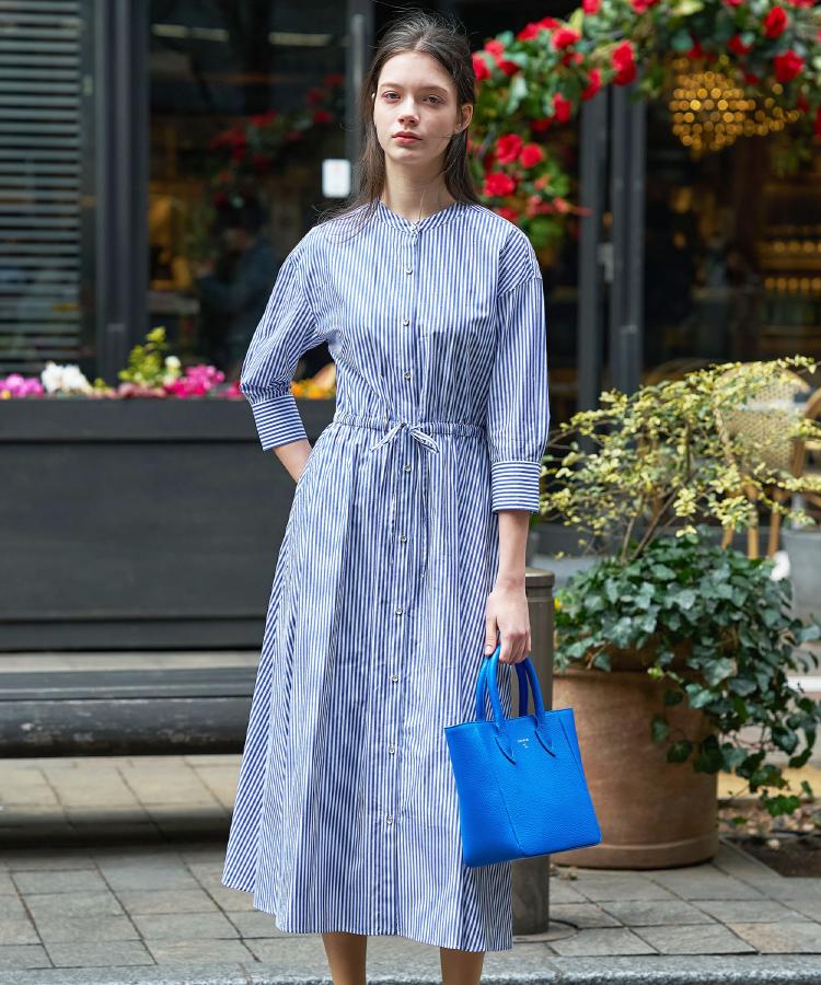 ドレステリア DRESSTERIOR 七分袖ストライプシャツワンピース （ブルー(393)） ブルー(393)