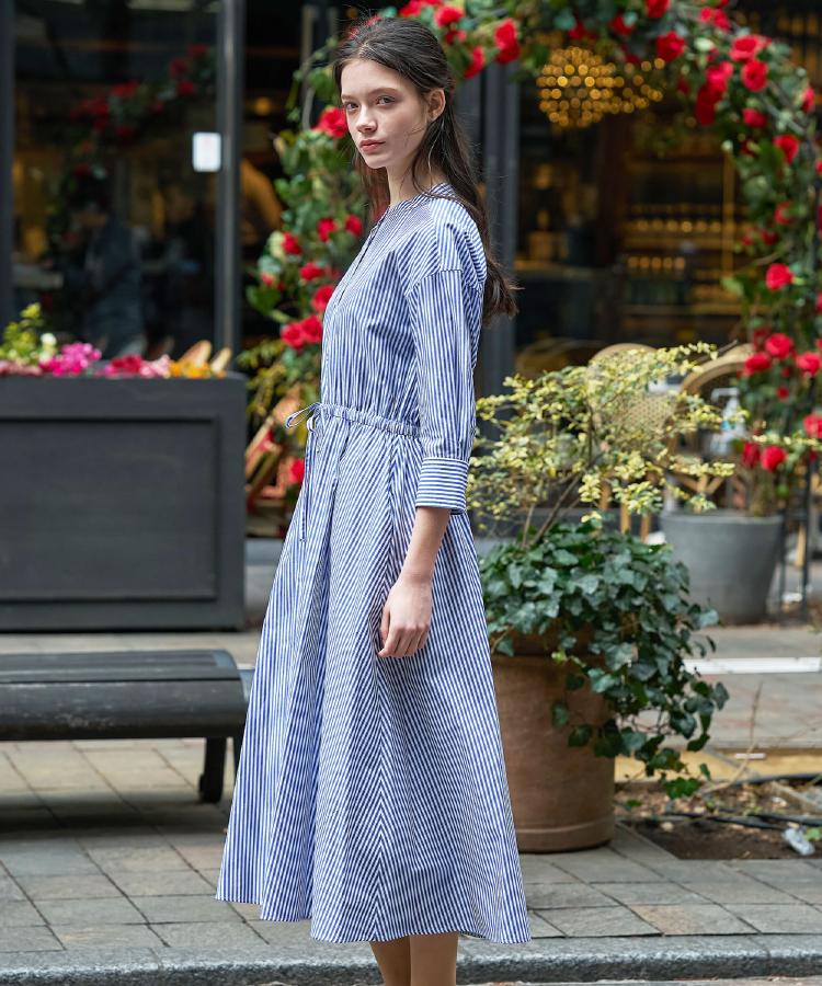 ドレステリア DRESSTERIOR 七分袖ストライプシャツワンピース （ブルー(393)） ブルー(393)