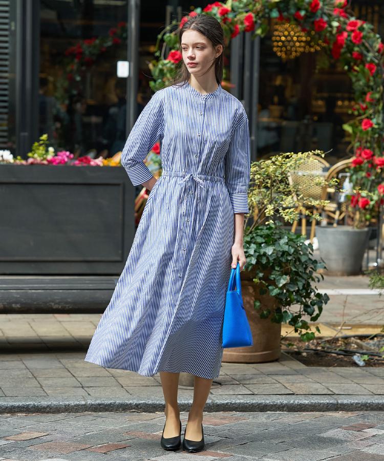 ドレステリア DRESSTERIOR 七分袖ストライプシャツワンピース （ブルー(393)） ブルー(393)