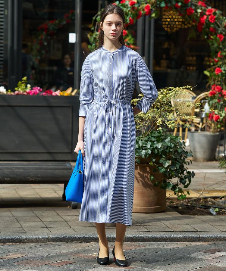 ドレステリア DRESSTERIOR 七分袖ストライプシャツワンピース （ブルー(393)） ブルー(393)