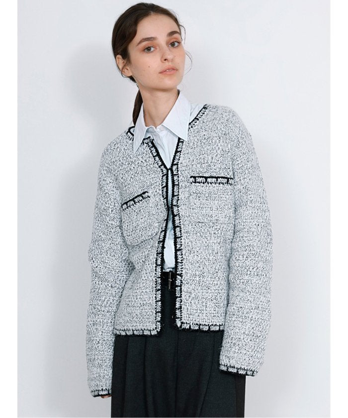 ドロー DRAW Contrast Trim Cardigan / ツイード風ニットカーディガン（バイカラーステッチ） （グレー） グレー