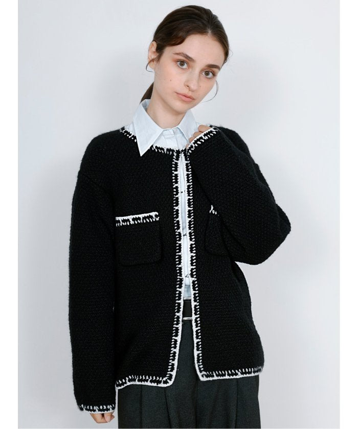 ドロー DRAW Contrast Trim Cardigan / ツイード風ニットカーディガン（バイカラーステッチ） （グレー） グレー