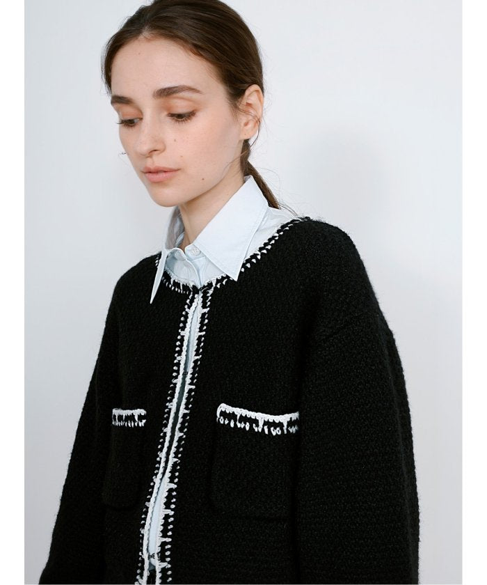 ドロー DRAW Contrast Trim Cardigan / ツイード風ニットカーディガン（バイカラーステッチ） （グレー） グレー