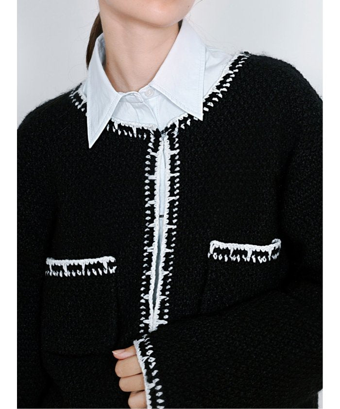 ドロー DRAW Contrast Trim Cardigan / ツイード風ニットカーディガン（バイカラーステッチ） （グレー） グレー