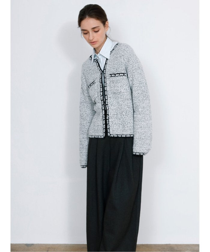 ドロー DRAW Contrast Trim Cardigan / ツイード風ニットカーディガン（バイカラーステッチ） （グレー） グレー