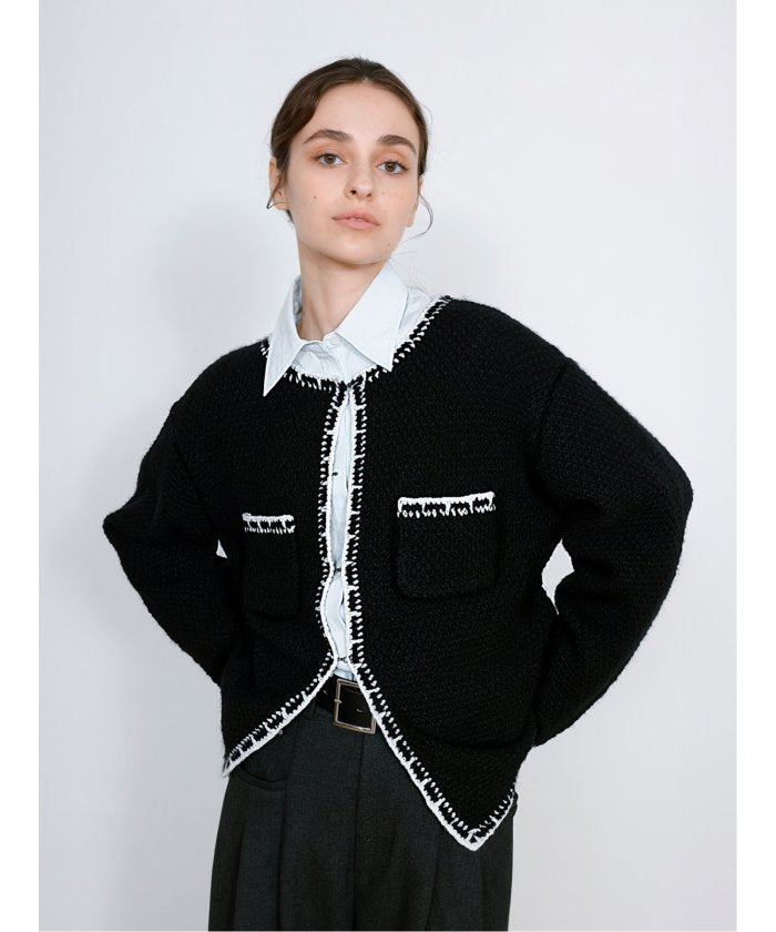 ドロー DRAW Contrast Trim Cardigan / ツイード風ニットカーディガン（バイカラーステッチ） （グレー） 黒