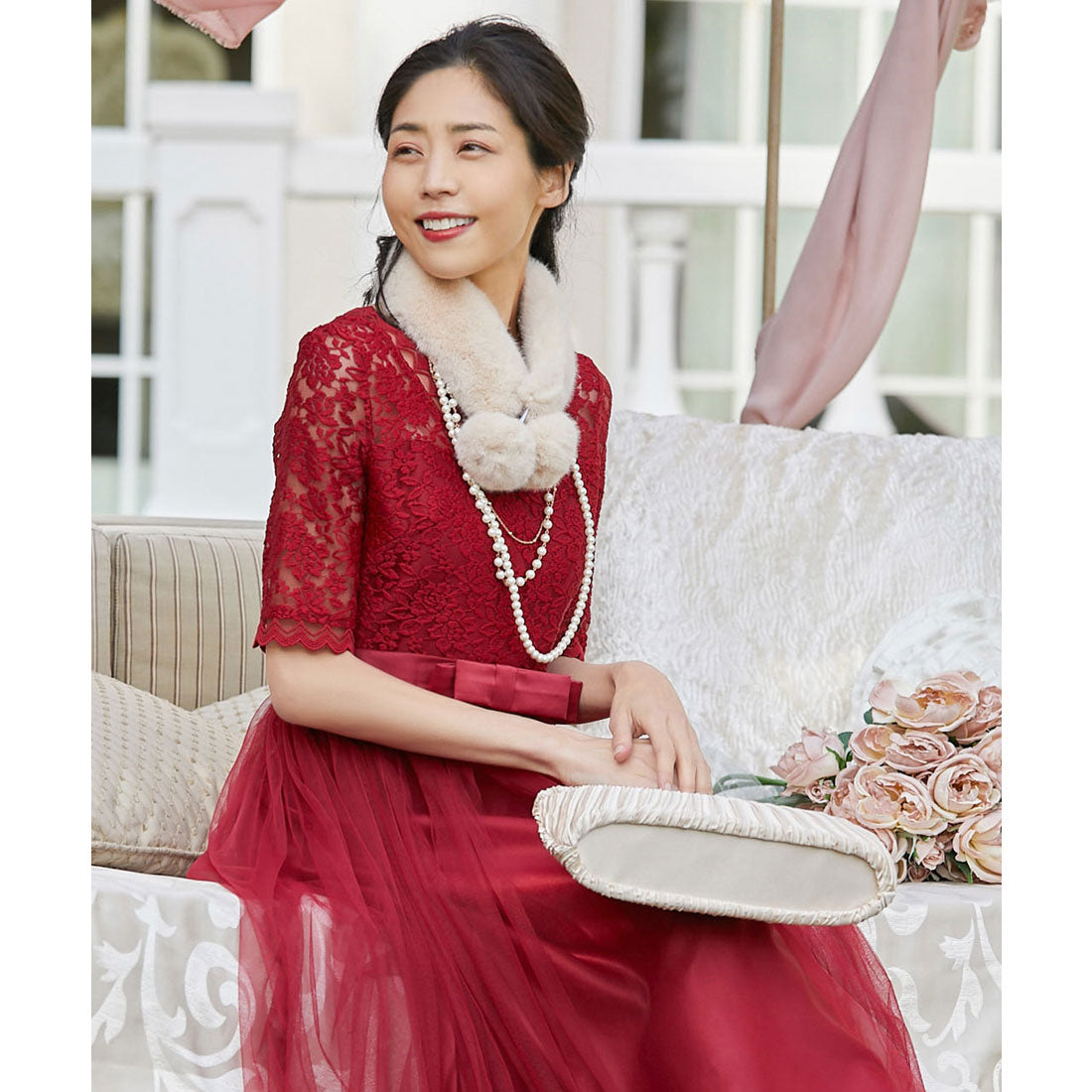 DRESS+ Eco-fur pom-pom tippet [Wedding] [Party]