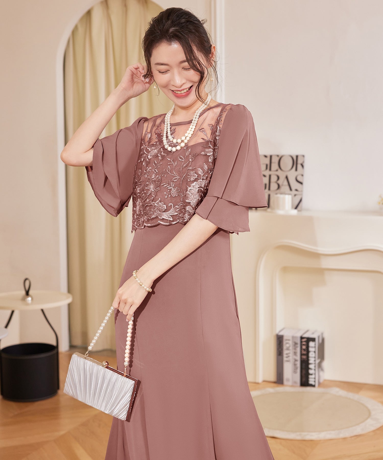 ドレスプラス DRESS+ レイヤードワンピース 花柄刺繍 パーティー （スモークピンク） スモークピンク