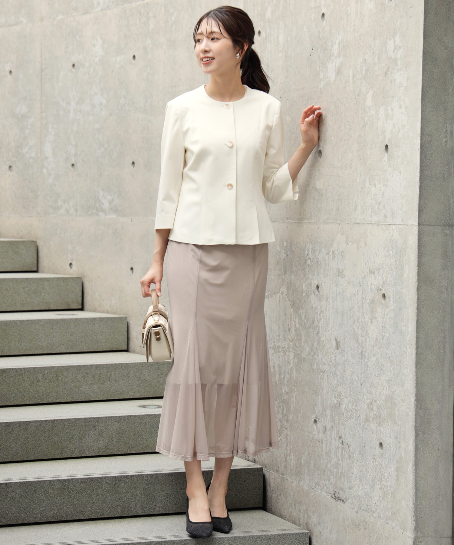 ドレスプラス DRESS+ スリット入りノーカラージャケット （ホワイト） ホワイト