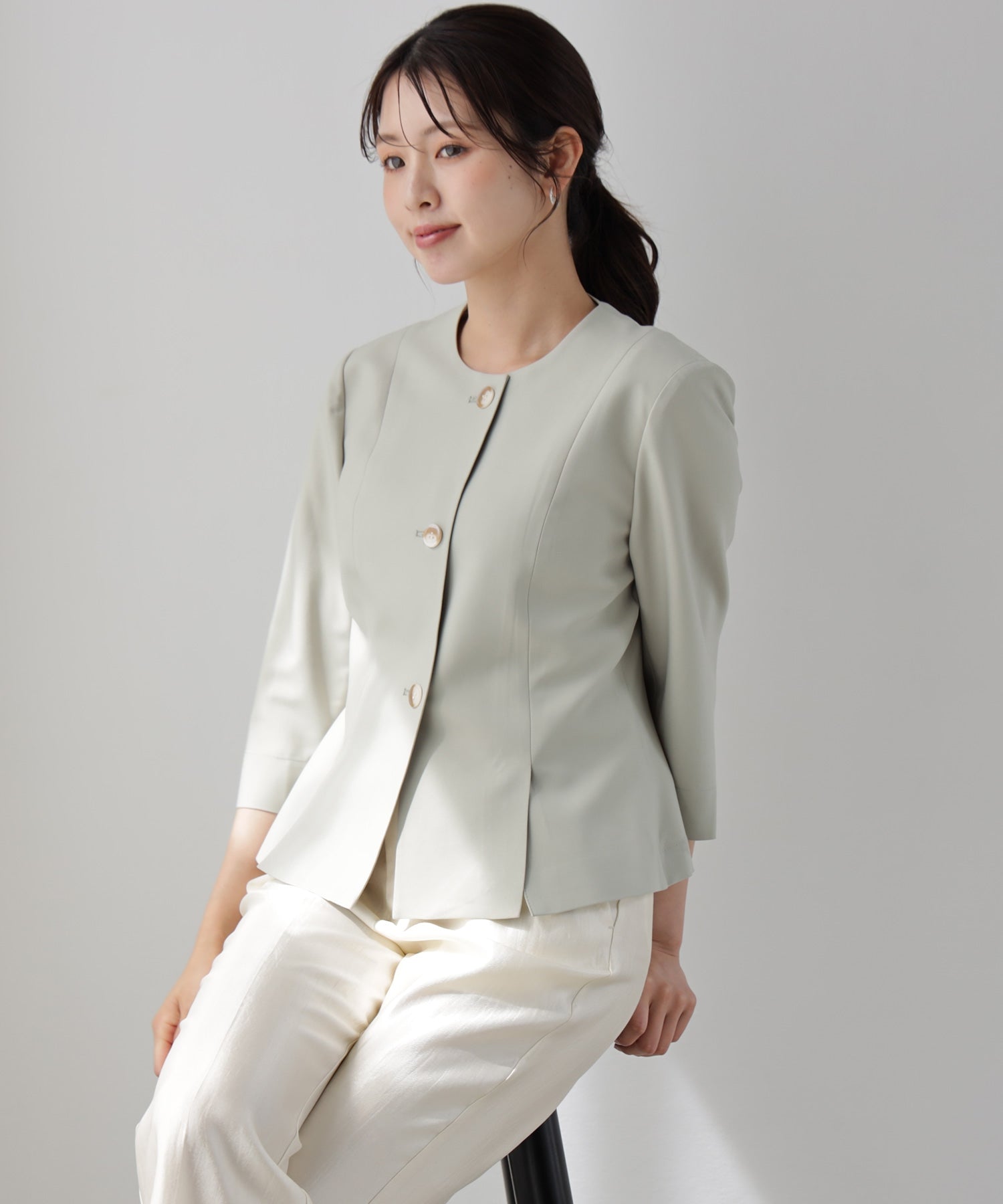 ドレスプラス DRESS+ スリット入りノーカラージャケット （ミント） ミント