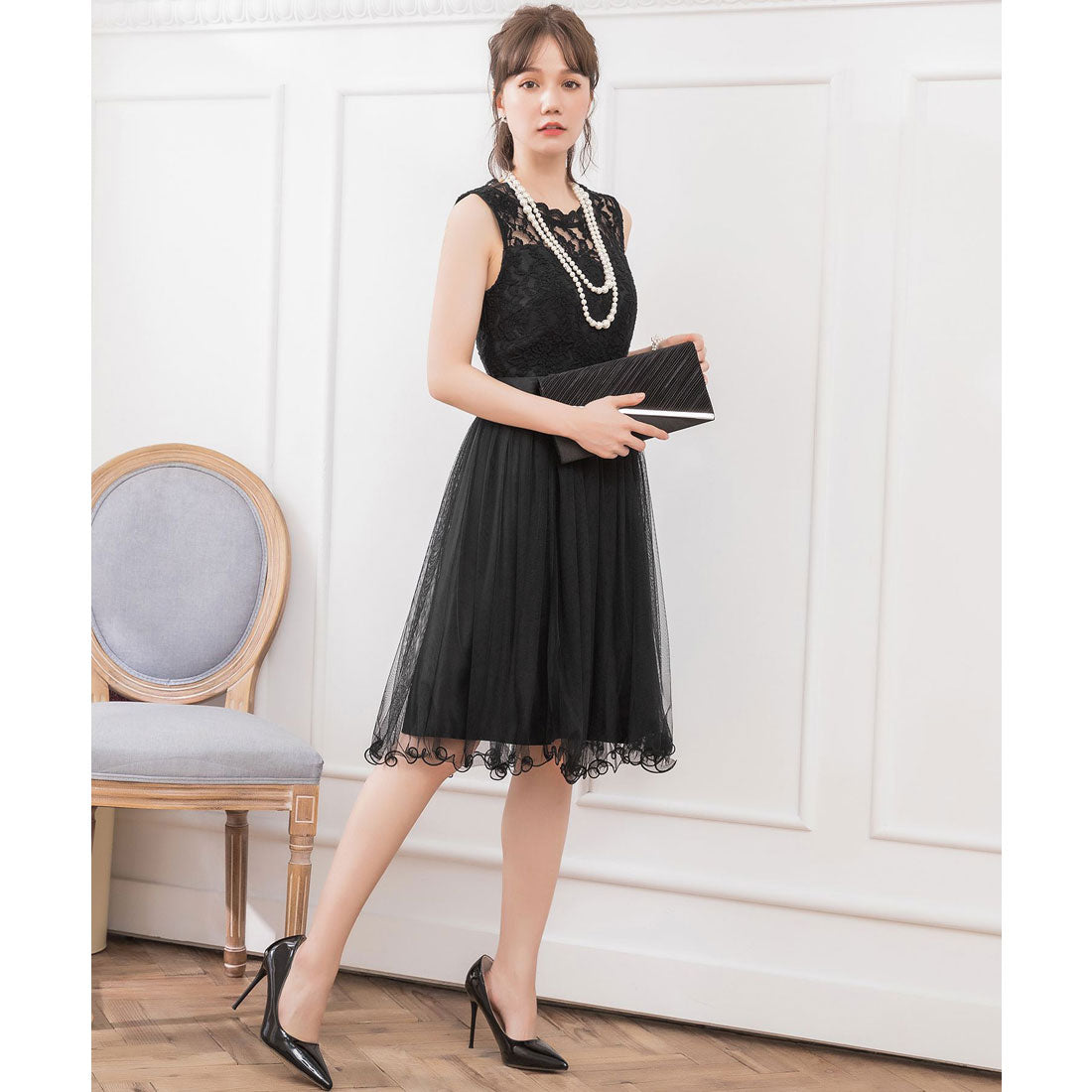 DRESS+ Lace x Tulle Waist Ribbon A-line Dress