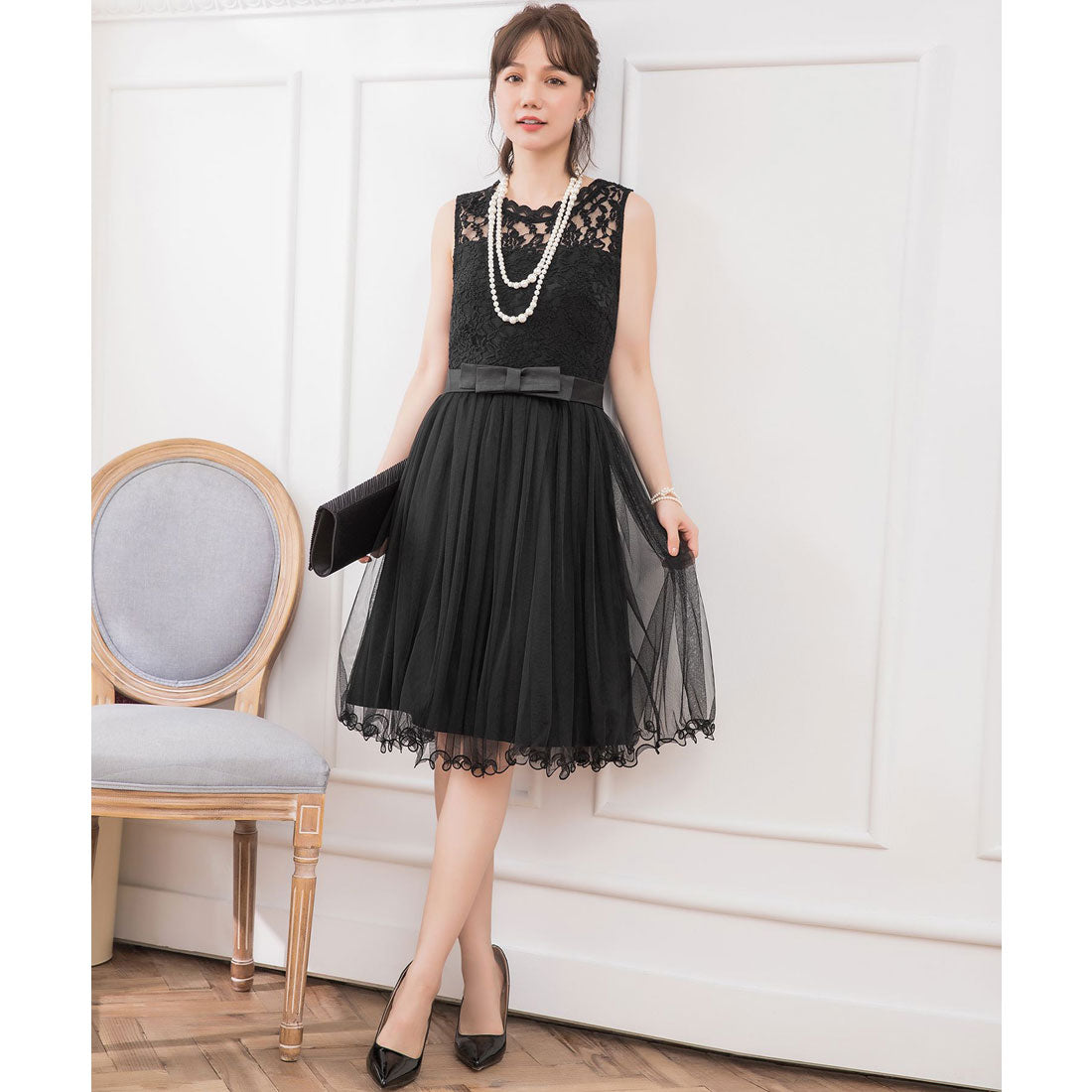 DRESS+ Lace x Tulle Waist Ribbon A-line Dress