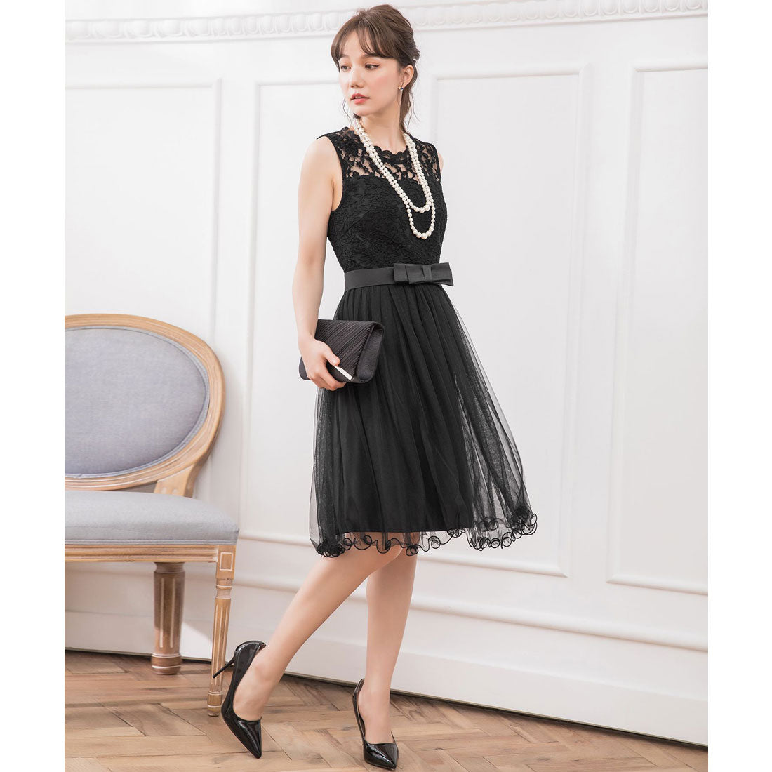 DRESS+ Lace x Tulle Waist Ribbon A-line Dress
