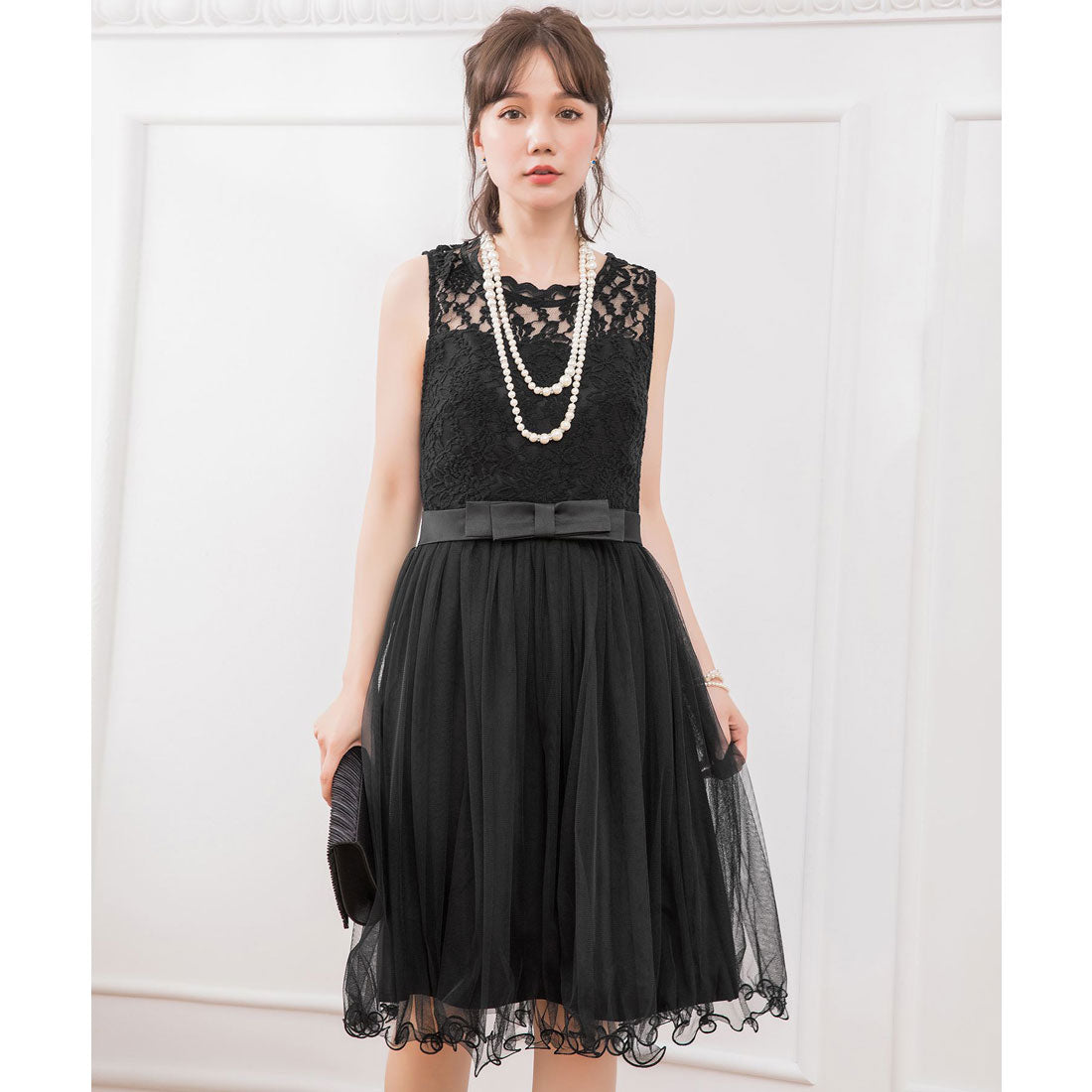 DRESS+ Lace x Tulle Waist Ribbon A-line Dress