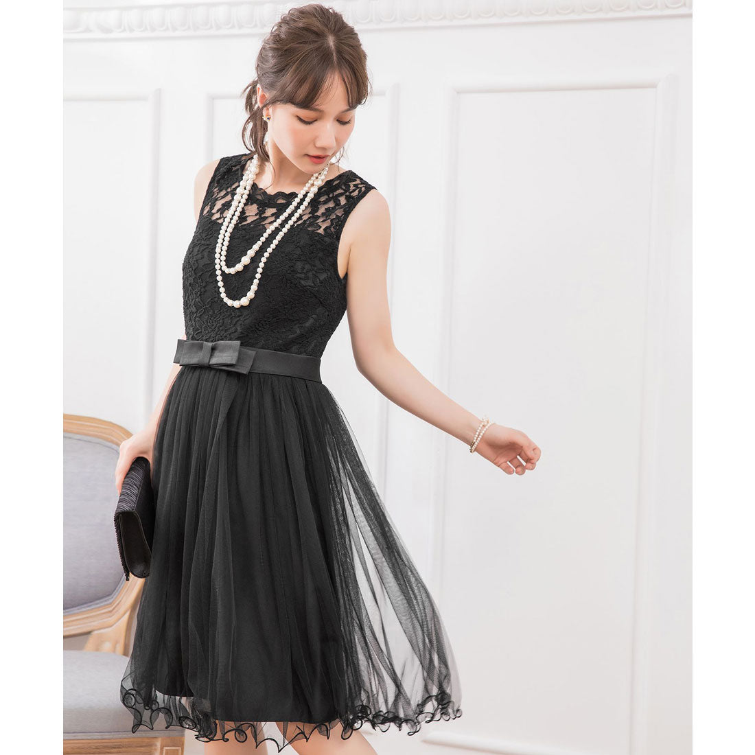 DRESS+ Lace x Tulle Waist Ribbon A-line Dress