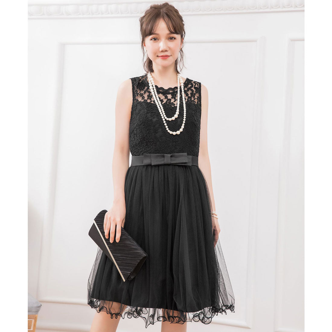 DRESS+ Lace x Tulle Waist Ribbon A-line Dress