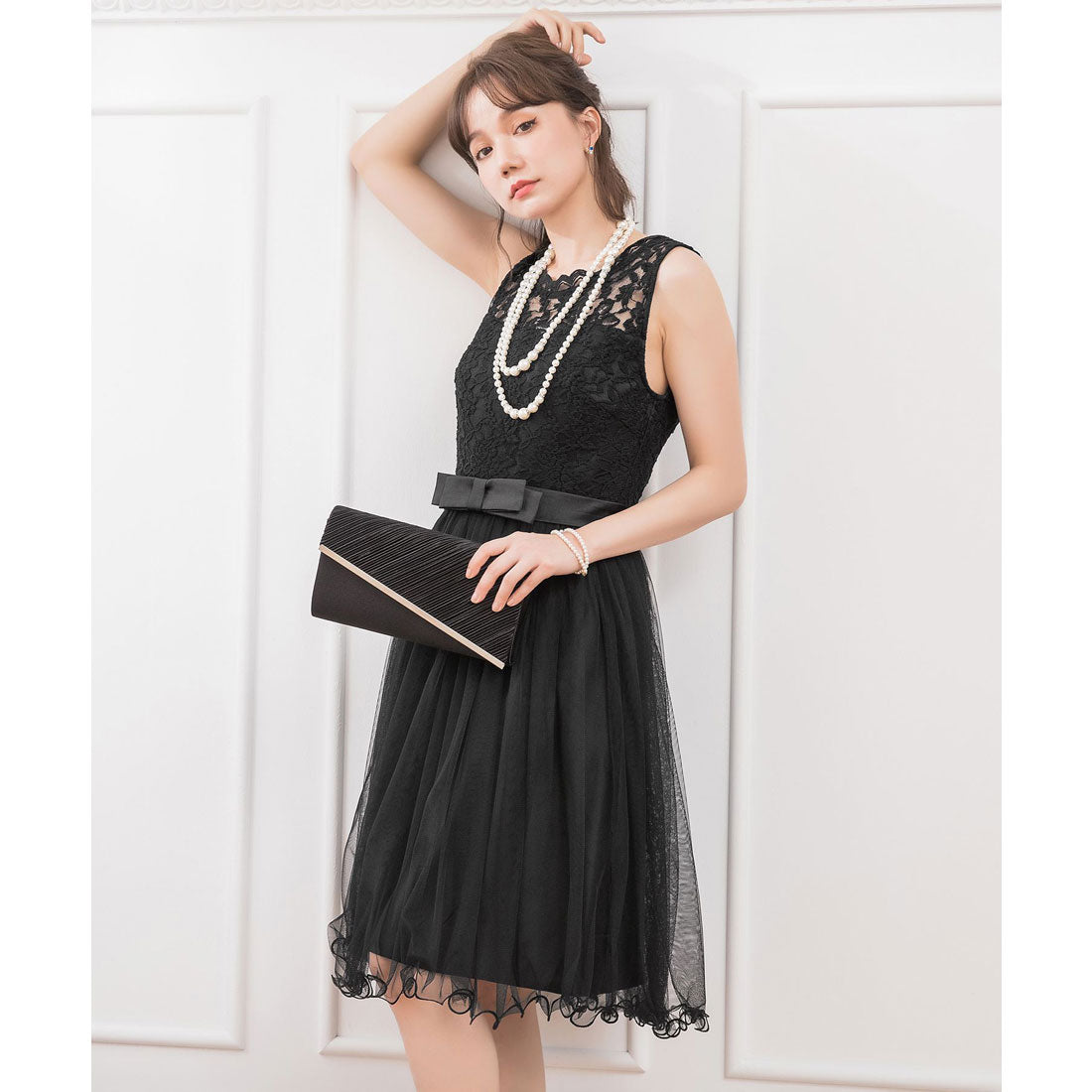DRESS+ Lace x Tulle Waist Ribbon A-line Dress