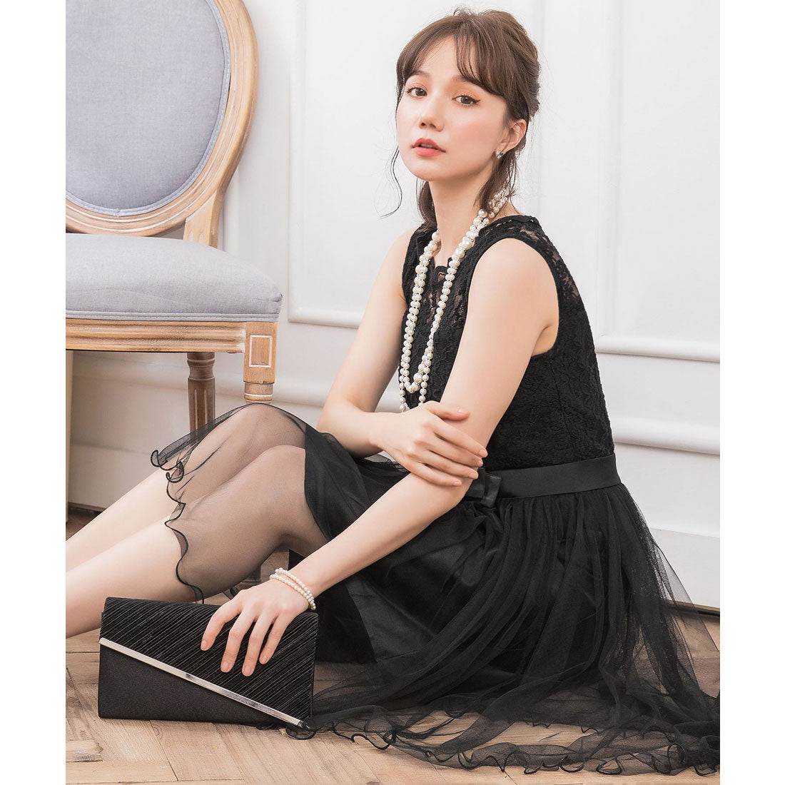 DRESS+ Lace x Tulle Waist Ribbon A-line Dress