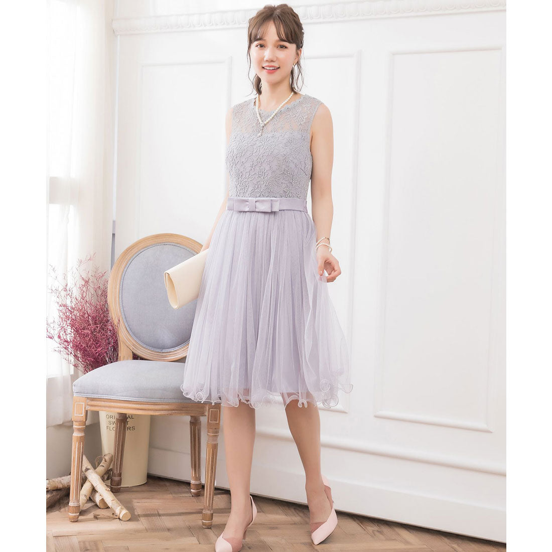 DRESS+ Lace x Tulle Waist Ribbon A-line Dress