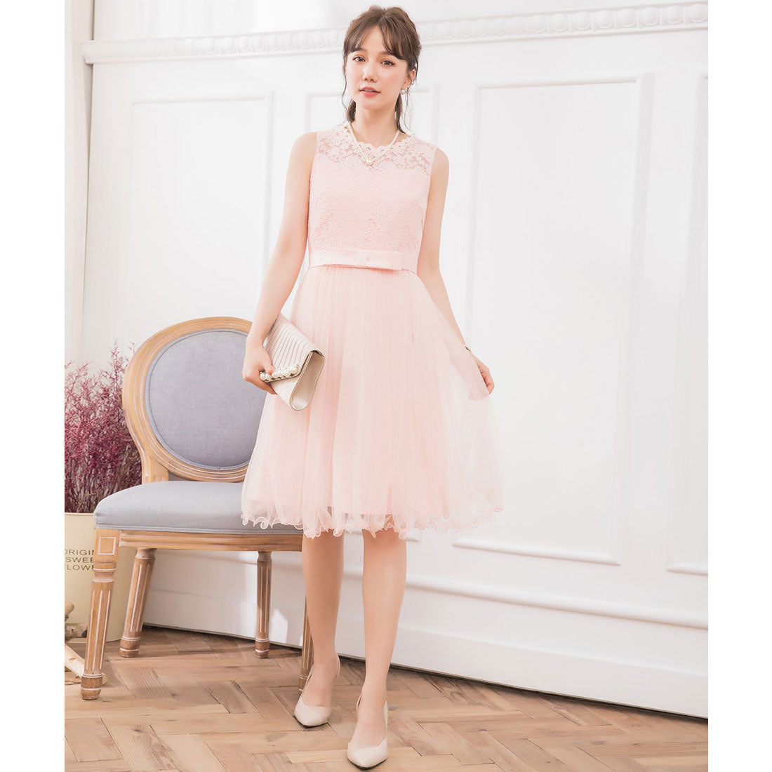DRESS+ Lace x Tulle Waist Ribbon A-line Dress